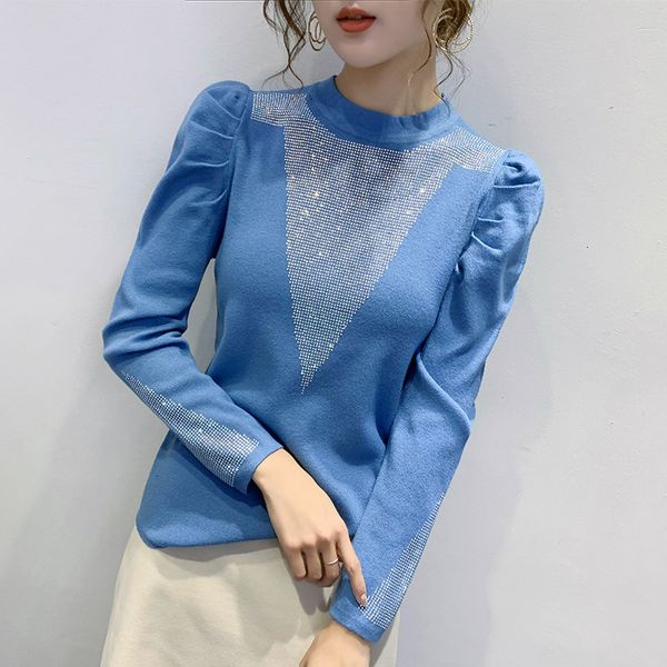 

2021 new fall winter sweater women chic shiny diamonds knitted rabbit wool pullovers ropa mujer sleeve bottoming shirt t08806l ykl6, White;black