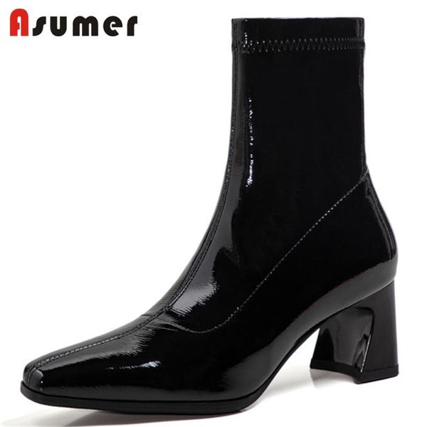 

boots asumer 2022 arrive women high heels autumn winter stretch patent leather solid colors ankle dress shoes, Black