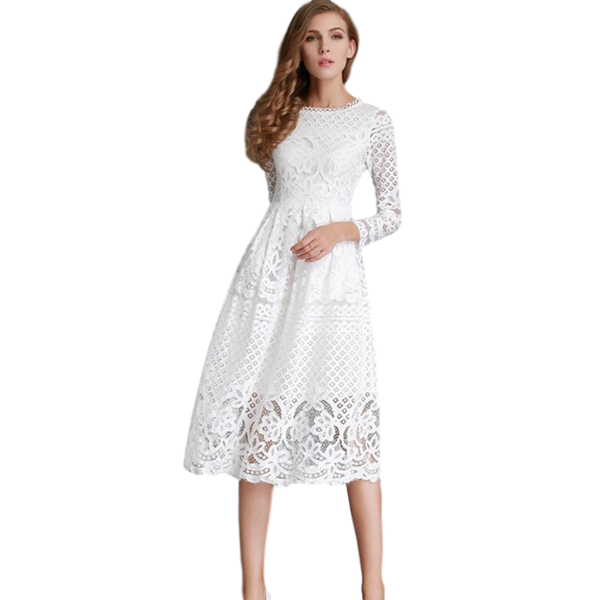

casual dresses o-neck a-line solid color lace dress openwork perspective full sleeve slim autumn spring women round neck, Black;gray