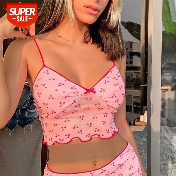 

V-Neck Cherry Print Crop Top Women Camisole Y2K Streetwear Slim Camis Summer Pink Tops Sexy Camisole Spaghetti Strap Bow Top #Mu4o, White