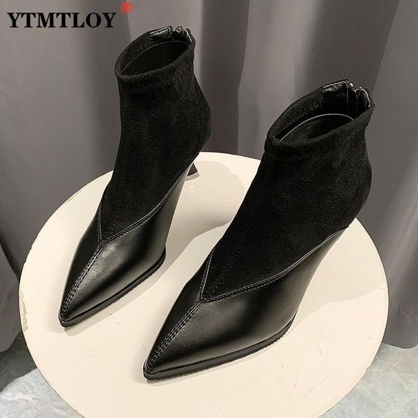 

boots skinny women's 2021 autumn and winter mid-heel short stiletto high heels mid-tube pointed elastic socks toe, Black