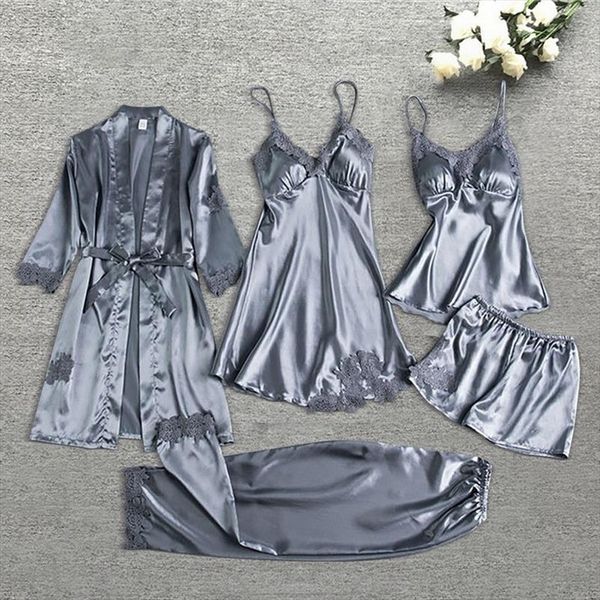 

5 4 2pcs pajamas women sleepwear set satin pyjamamas lace patchwork bridal wedding nightwear rayon home wear nighty amp robe, Black;red