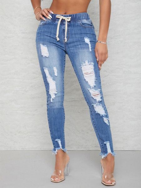 

sxy curvy drawstring waist ripped raw hem skinny jeans g8kp#, Blue