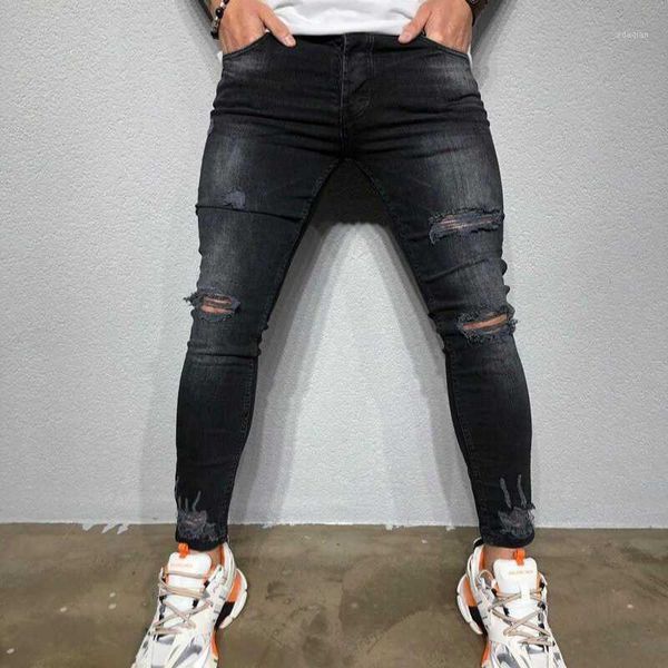 

tight-fitting ripped jeans mens black pencil feet slim street men's motorcycle hole solid 2021 clothing, Blue