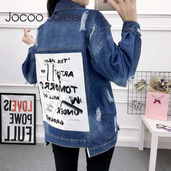 JOCOO JOLEE Kadınlar Vintage Kırık Delik Denim Ceket Kadın Sonbahar Rahat Yama Tasarımları Desen Jean Mont Artı Boyutu Dış Giyim 210619