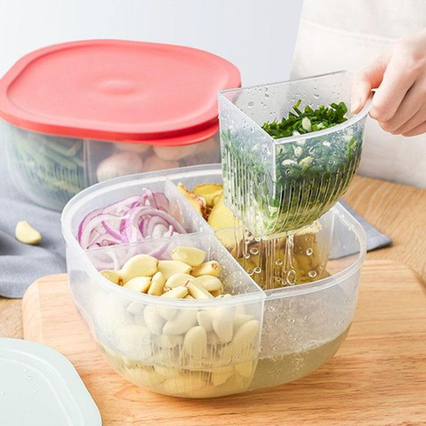 

storage bottles & jars kitchen double drain box with lid 4 grids ginger garlic fresh-keeping refrigerator fruit vegetable organizer