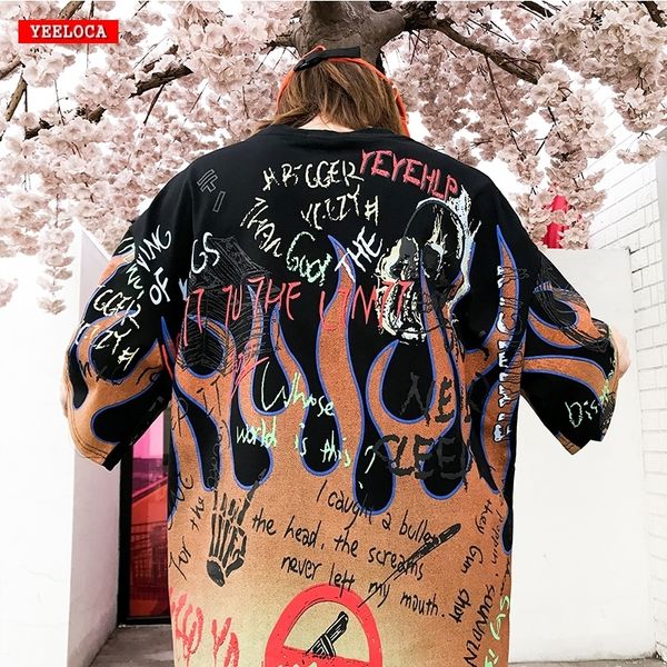 

summer spring new flame graffiti hip hop t-shirt men and women casual oversized cotton joker short sleeve shirt clothes 210317, White;black