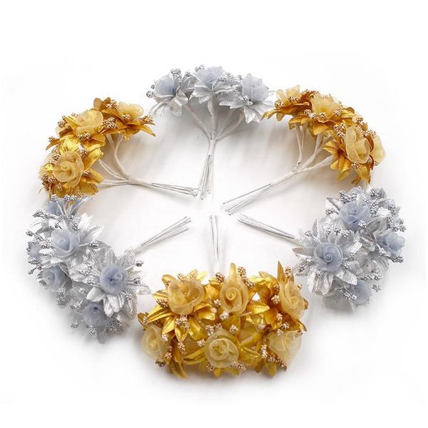 

6pcs/lot artificial flowers gold silver gauze rose for wedding party xmas decoration diy craft garland gifts fake flower qylnsq