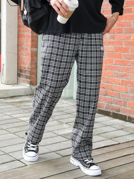 

men plaid print pocket detail pants 53xt#, Black