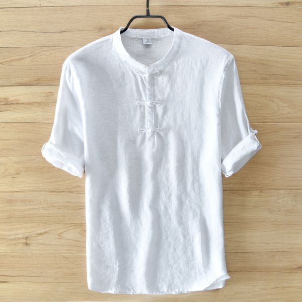 

2021 new 100% linen short sleeve summer casual men camisa masculina solid flax shirt mens fashion male shirts chemise fzfg, White