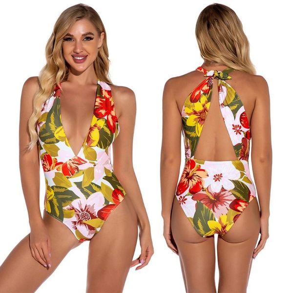 

women flower printingone-piece swimsuit bikini neck strap waist bathing suit