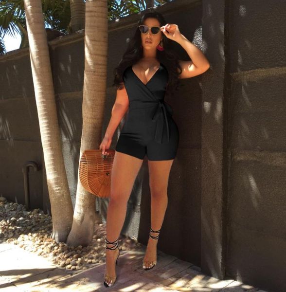 

2021 summer solid color sleeveless off shoulder strap deep v backless plus size jumpsuits casual women rompers female playsuits, Black;white