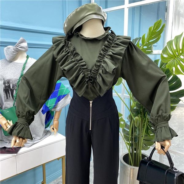 

women's blouses & shirts [ewq] 2021 spring long sleeve stand collar ruffles women blouse korea loose lace-paneled pleated green shirt q, White