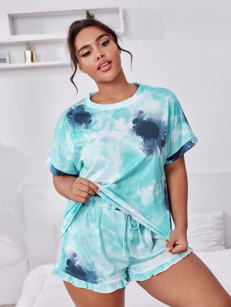 

plus tie-dye wash tee & ruffled shorts pj set j9x9#, Black;white