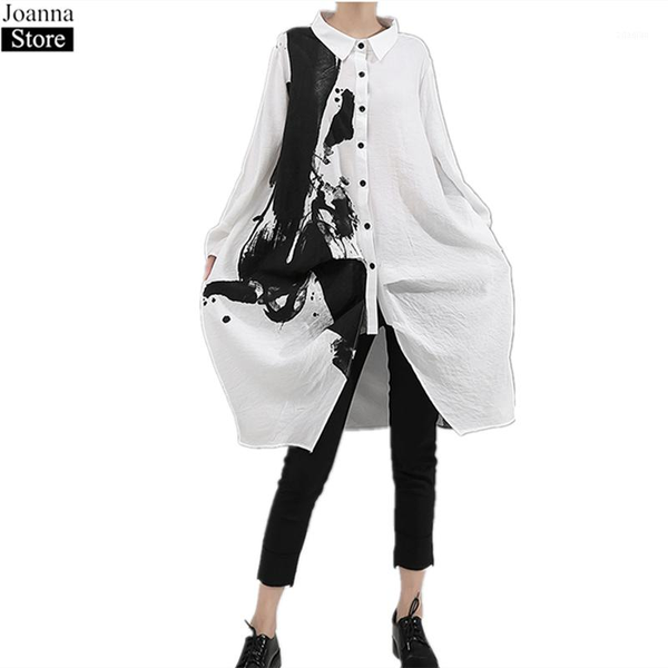 

spring summer print long shirt women sleeve single-breasted loose blouse white short vintage plus size clothes women's blouses & shirts
