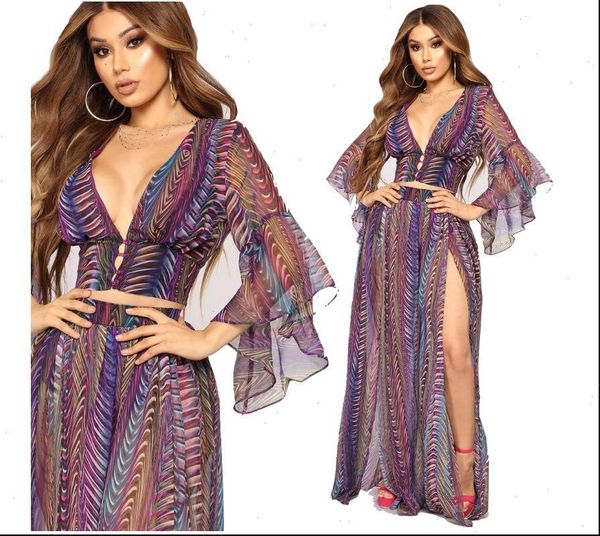 

women two pieces suits v neck botton crop flare long sleeve print chiffon dress, Gray
