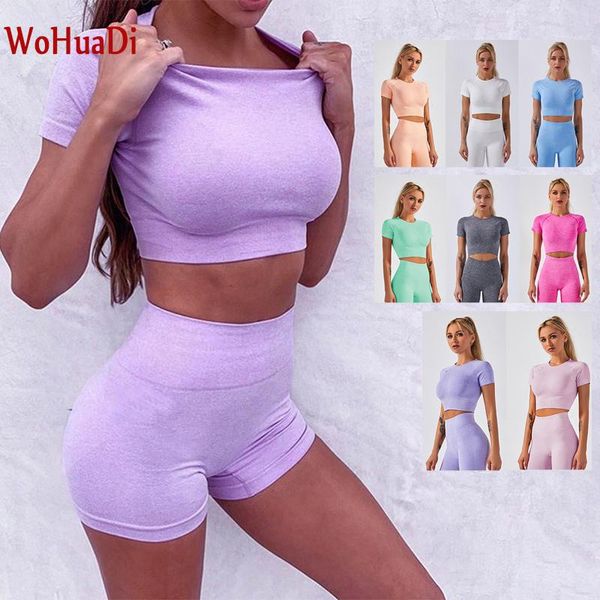 

wohuadi 2021 summer fitness sportswear yoga set women's clothing sport crop t-shirt+shorts leggings push up workout gym suit