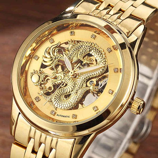 

luxury gold dragon automatic mechanical clocks fire skeleton even wind relogios masculino gift box, Slivery;brown
