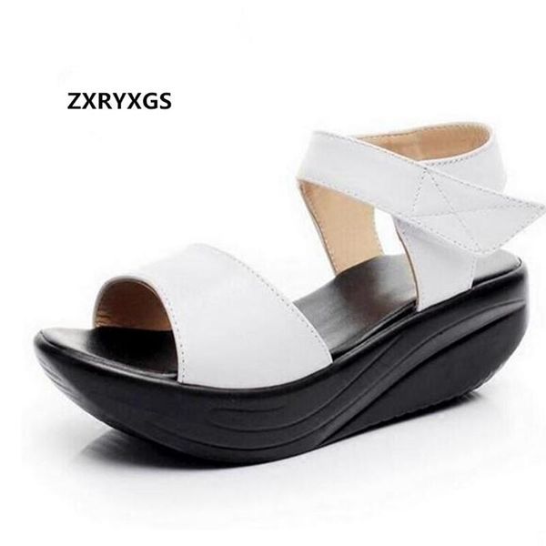

dress shoes 2021 est open toe genuine leather sandals women casual platform wedges summer, Black