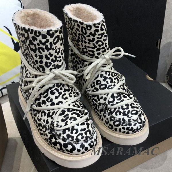 

boots fashion leopard print wool lining snow zebra flat ankle ladies non-slip warm lace-up short, Black