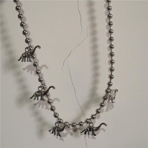 

chokers punk harajuku stainless steel dinosaur pendant beads choker necklace for women girl bff cute vintage hip hop jewelry accessories, Golden;silver