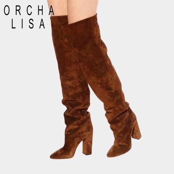 

boots orcha lisa autumn over-the-knee pointed toe block heel flock slip-on slouchy big size 34-45 brown black casual c2002