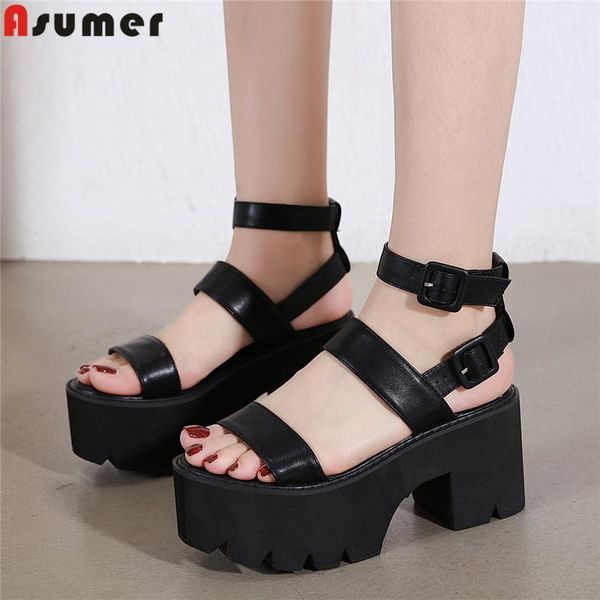 

sandals drop plus size 35-42 women square high heels thick sole gladiator summer shoes female party, Black