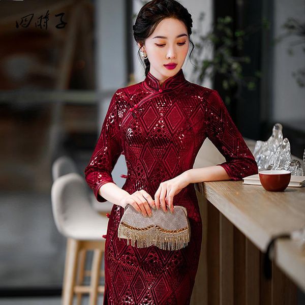 

ethnic clothing women's seven-sleeved collar retro art cheongsam dinner party dress chinese qipao hanfu, Red