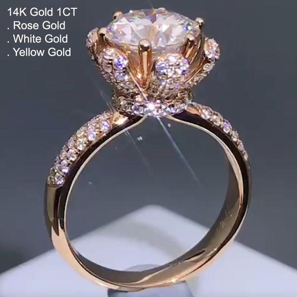 

cluster rings 14k rose gold 1 moissanite diamond ring women crown flower wedding party engagement anniversary ct d color, Golden;silver