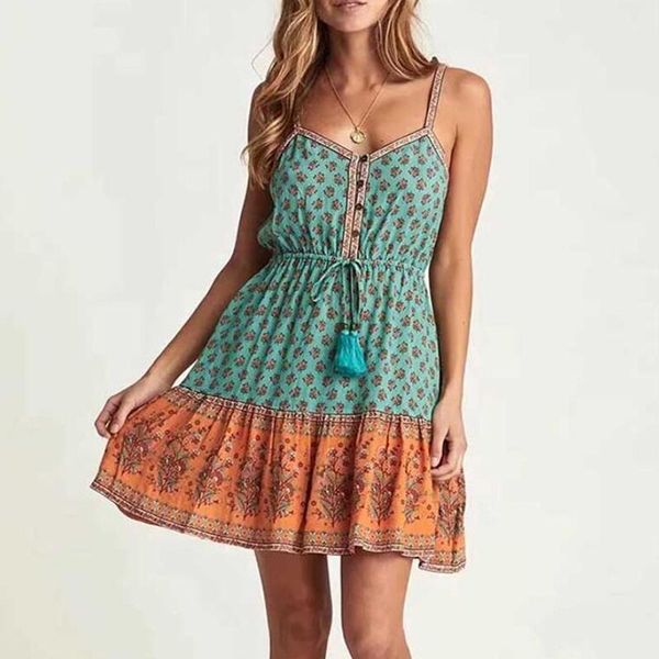 

women's swimwear fitshinling button down vintage summer dress bohemian slim print beach sundress sleeveless short party robe for women, White;black