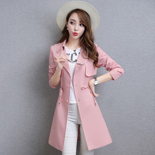 

women's trench coats spring autumn female full sleeve slim coat korean style solid color drawstring long windbreaker ladies f486, Tan;black