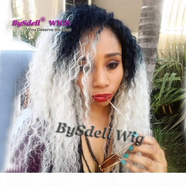 

beauty long curly synthetic hair wig synthetic lace heat resistant front wig kinky curly black ombre silver white lace wigs for black women