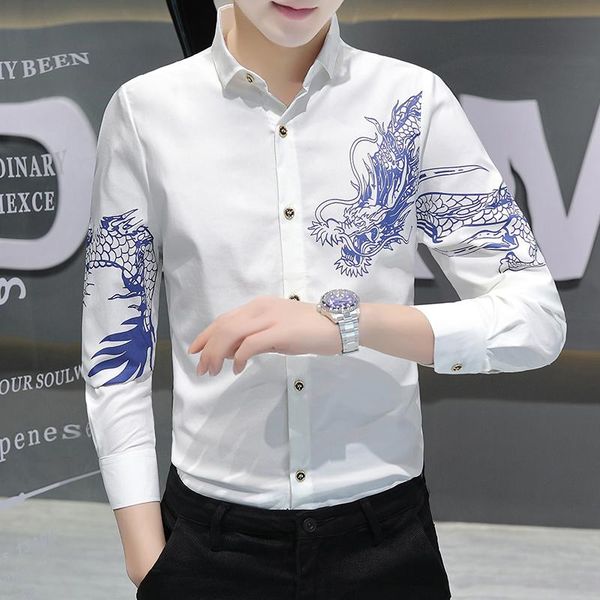 

dragon pattern men's shirts 2021 spring slim fit vintage long sleeve shirt social male clothing streetwear, White;black