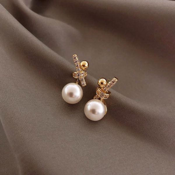 

stud 2021 classic inlaid zircon knot pearl earrings fashion korean women jewelry lady temperament party simple ladies, Golden;silver