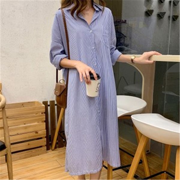 

2021 new loose full french long autumn simple all match stripe casual shirts blouse women 0n0a, White;black