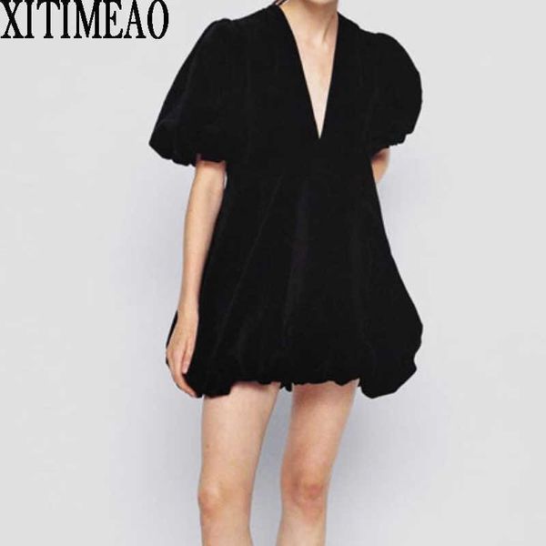 

za women fashion black velvet slim a-line skirt mini dress vintage v neck short sleeve female dresses xitimeao 210604, Black;gray