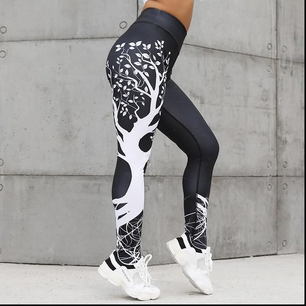 

fashion fitness printed leggings women push up high waist legging tree print slim polyester plus size leggings female, Black