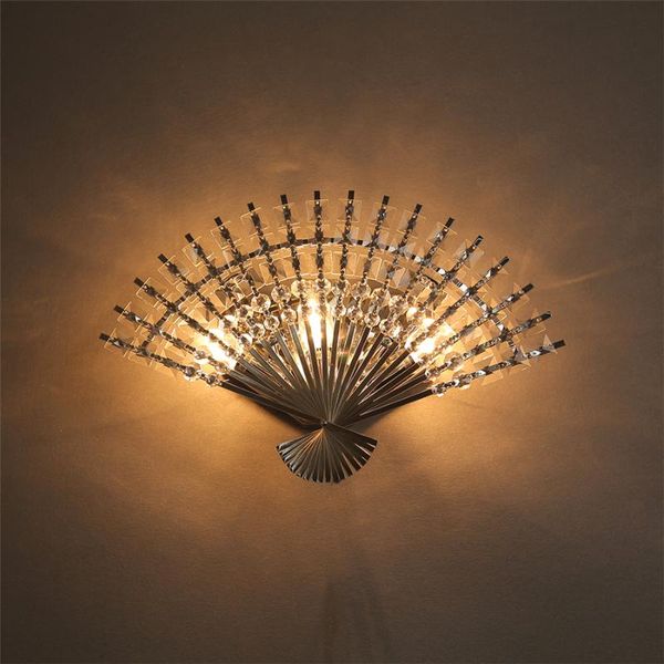 

chinese fan-shaped crystal wall lamp modern led beds creative bedroom led wall light for living room decoration sconce lighting