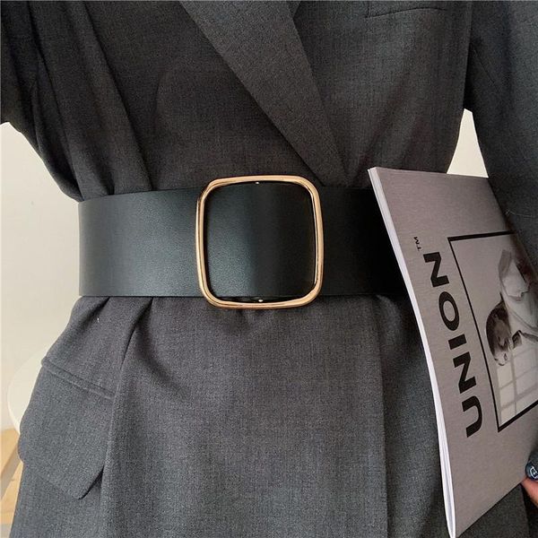 

belts women's fashion black wide belt square buckle nonporous imitation leather waist strap decorative coat dress simple waistband, Black;brown