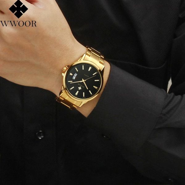 

wristwatches wwoor mens watches golden stainless steel men's business quartz wristwatch date clocks male sports watch gifts, Slivery;brown