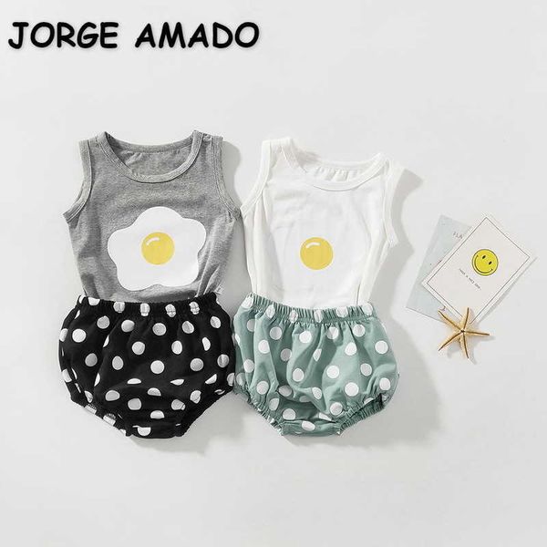

summer baby boys girl 2-pcs sets cartoon egg vest + elastic waist polka dot shorts sport style born clothes e6002 210610, White