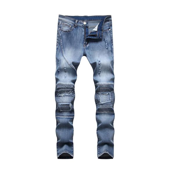 

men's solid color patchwork jeans mid waist casual fitting stretch ruched slim pleated pencil pants trousers outdoor bottoms, Blue