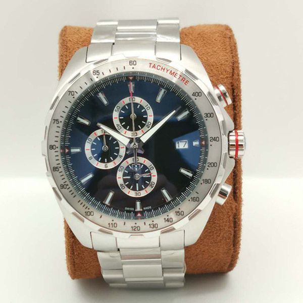 

luxury business 46mm chronograph quartz movement watch blue dial stainless steel strap men's clock 8 models, Slivery;brown