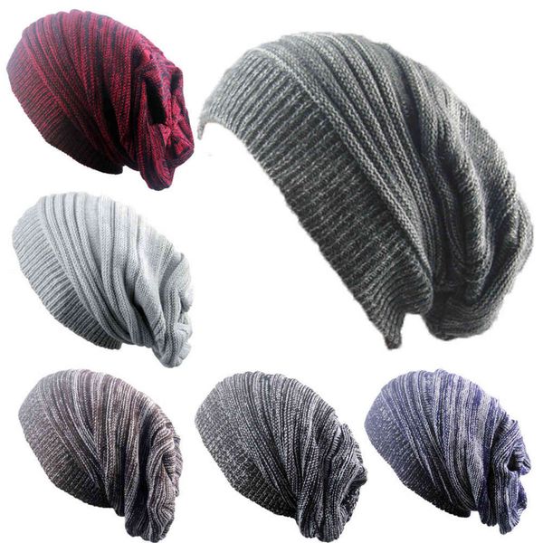 

men and women hat mixed color cotton striped hip hop sk winter warm hat scarf beanies knit long loose hat gorro headdress y21111, Blue;gray