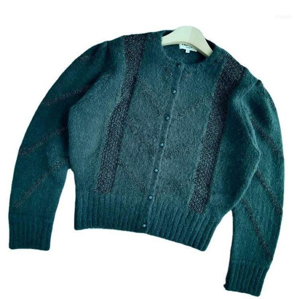 

women sweater 2021 fall winter gold silk mohair puff sleeve cardigan loose, White