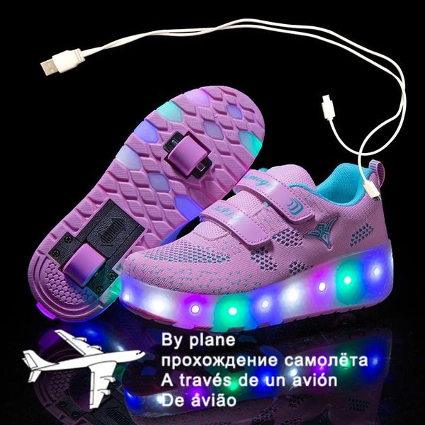 

athletic & outdoor children two wheels luminous glowing sneakers black pink led light roller skate shoes kids boys girls usb charging 159