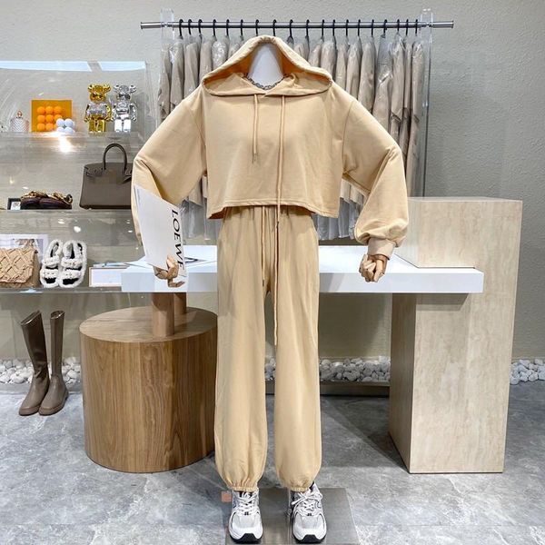 

women's two piece pants brand original design simple wind leisure hooded long sleeve hoodie + elastic waist loose bundle leg suits, White