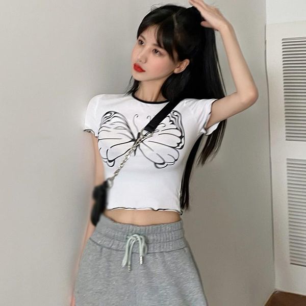 

women's t-shirt summer simple casual round neck butterfly printed design expose navel short-sleeve top, White