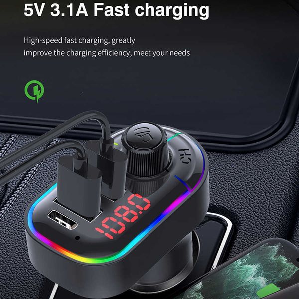 

dual usb fast charger ambient light bluetooth 5.0 fm transmitter car kit mp3 modulator player wireless handsaudio receiver