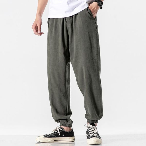 

men's pants 2021summer men solid color linen multi-pocket straight casual plus large size breathable comfortable drawstring loose pant, Black